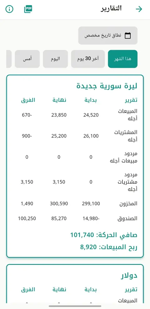 شاشة التقارير المالية في تطبيق النهري للمحاسبة